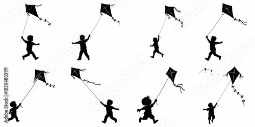 Children flying kites vector silhouette set, boys running, playing, and having fun outdoors.