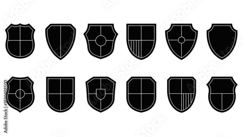 Set of black shield silhouettes for heraldry security and protection