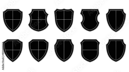 Ten black shield silhouettes on white background for design elements