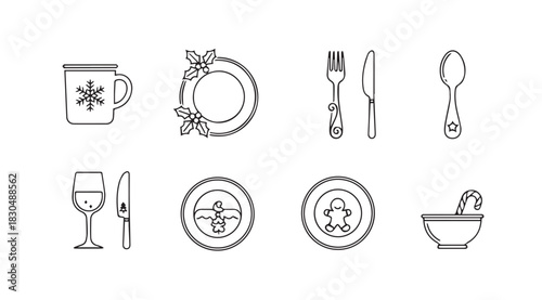 Collection of festive christmas themed tableware and drinkware silhouette