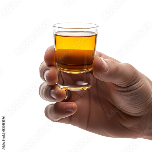 Hand Holding Amber Drink in Shot Glass on transparent background