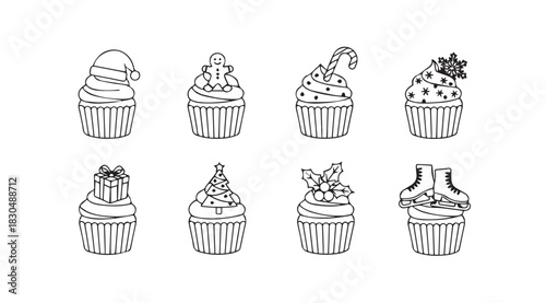Eight hand drawn sketchy cupcakes with swirled frosting and toppings silhouette