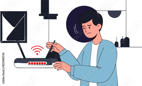 Man struggling with a malfunctioning Wi-Fi router, experiencing internet connection problems and network outages, seeking to troubleshoot the device at home