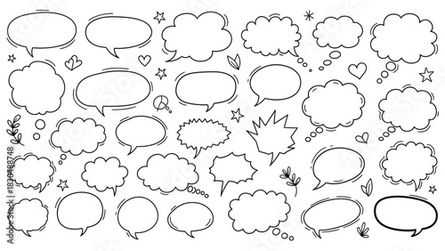 Hand drawn speech bubbles and thought bubbles collection with various shapes and styles