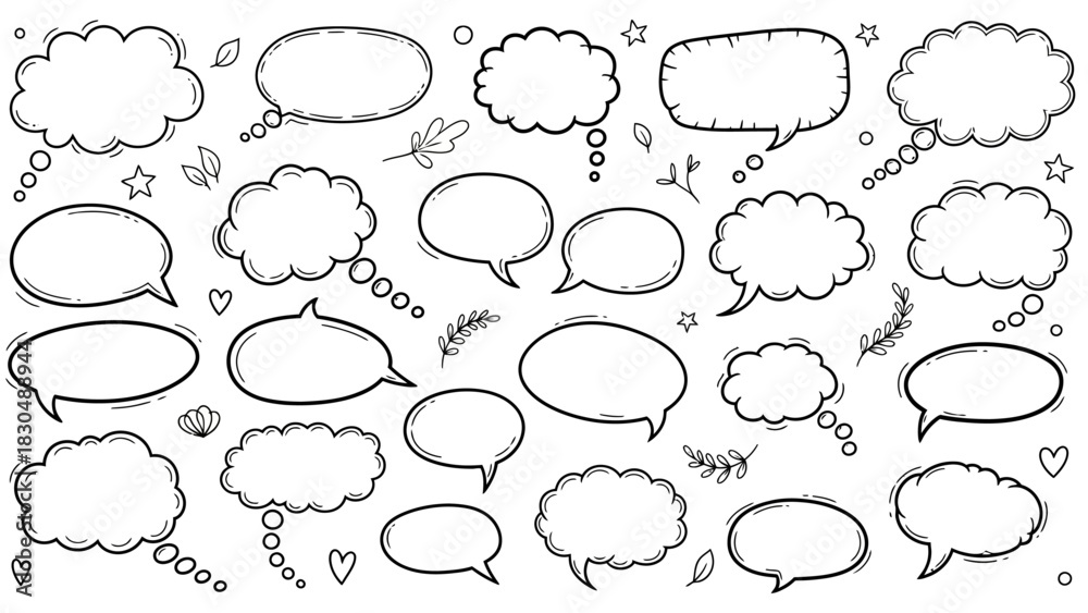 Fototapeta premium Hand drawn speech bubbles and thought bubbles doodles collection on white background