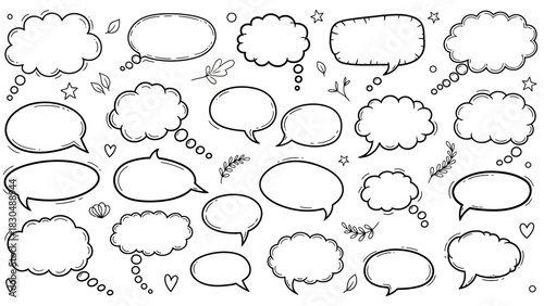Hand drawn speech bubbles and thought bubbles doodles collection on white background