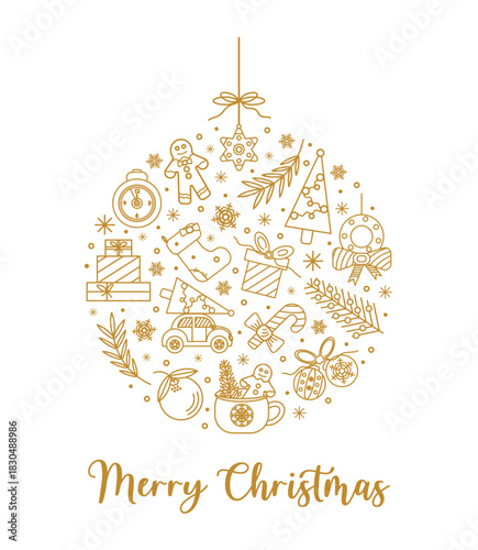 Christmas tree ball made of New Year icons, gold-colored outline illustrations. Christmas greeting card template, textile print. Linear icons, pattern in the shape of a round Christmas tree ornament