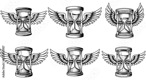 Set of six winged hourglasses in a vintage illustration style.