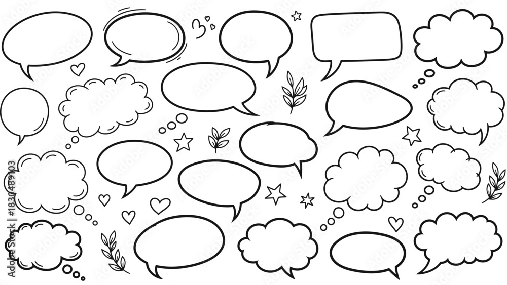 Fototapeta premium Hand drawn speech bubbles and thought bubbles doodle style vector illustration