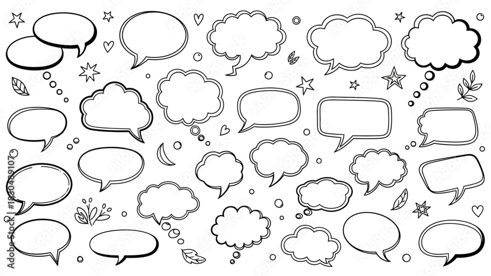 Fototapeta premium Hand drawn speech bubbles collection with stars and doodles in black and white