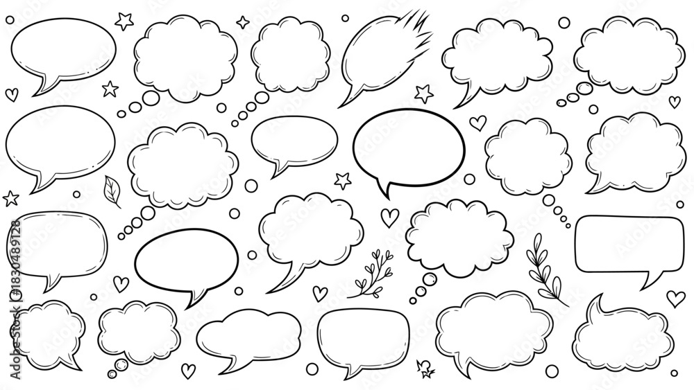 Fototapeta premium Hand drawn speech bubbles collection with doodle elements for communication and design
