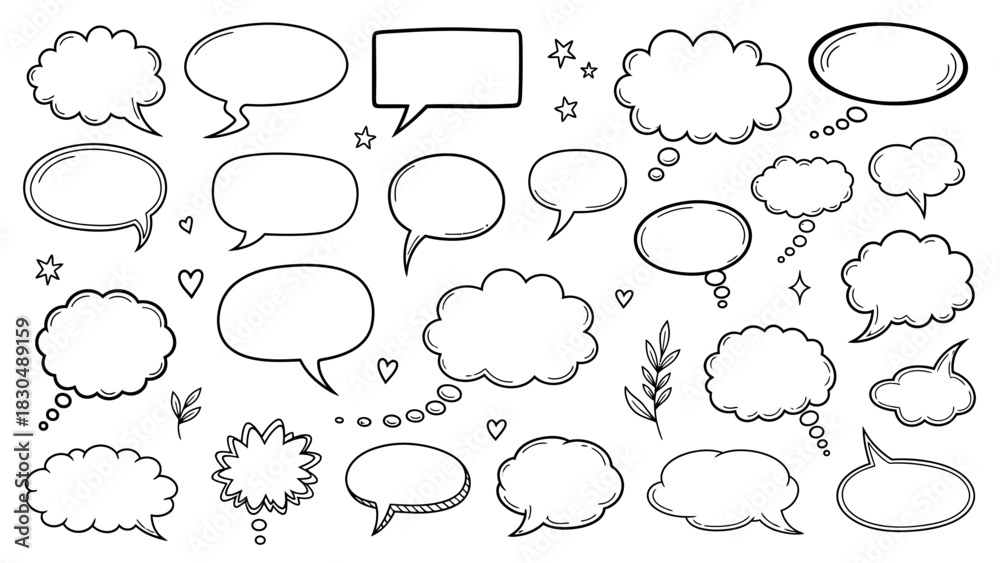 Obraz premium Hand drawn speech bubbles collection in black and white doodle style
