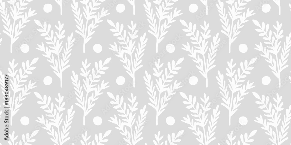 Obraz premium Seamless pattern on a gray background with hand-drawn winter plants and berries. Christmas plant pattern with silhouettes of evergreen plants and berries, for fabric design, packaging, winter decor.