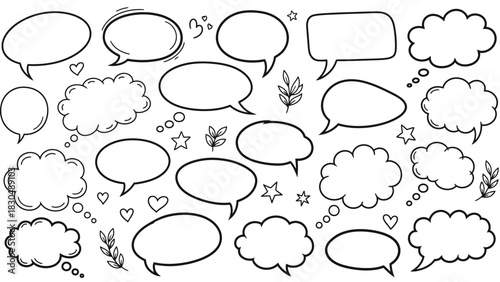 Hand drawn speech bubbles and thought bubbles doodle style vector illustration