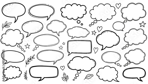 Hand drawn speech bubbles and thought bubbles in black and white style
