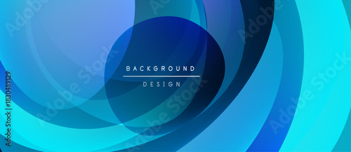 Abstract blue layers create dynamic background. Circular shapes overlap, forming modern design element. Smooth gradients enhance visual appeal.