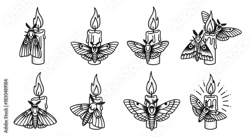Set of eight black and white tattoo style illustrations of moths and candles.