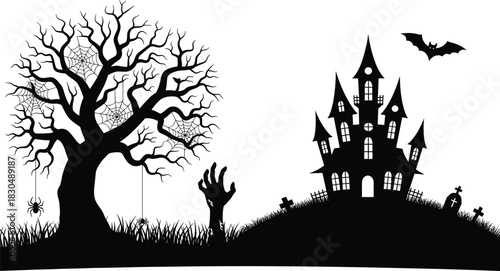 Halloween haunted house silhouette, spooky tree with spider webs, graveyard scene, zombie hand, flying bat, eerie night, horror background, vector illustration