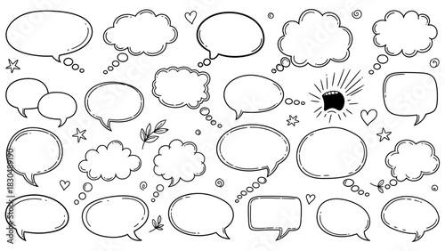 Hand drawn speech bubbles and thought bubbles in various shapes and sizes