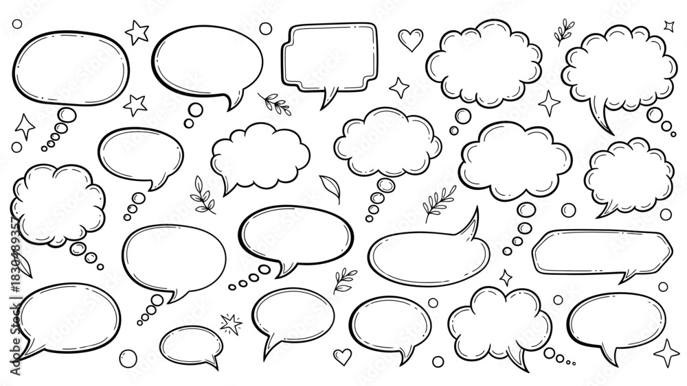 Fototapeta premium Hand drawn speech bubbles and thought bubbles doodle set with stars and arrows
