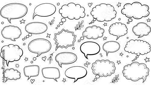 Hand drawn speech bubbles and thought bubbles in doodle style for creative design