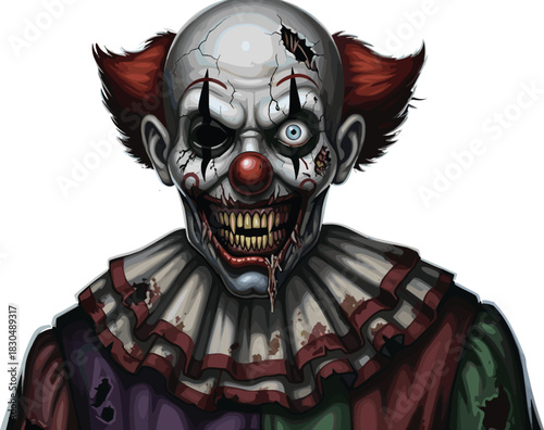 Grotesque clown illustration, horror character design, cracked face, glowing eye, smeared blood makeup, creepy costume, Halloween monster, fear, menace, nightmare
