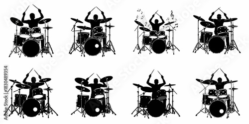 Drummer Silhouettes Collection: Eight vector illustrations of a musician performing passionately on a drum set, symbolizing music, rhythm, and rock performance.