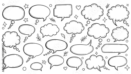 Hand drawn speech bubbles and thought bubbles doodle set with stars and arrows