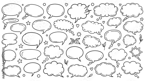 Collection of hand drawn speech bubbles and thought clouds in black and white