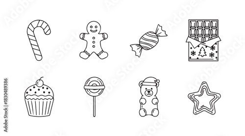 Collection of hand drawn sweet treats and candies in silhouette style
