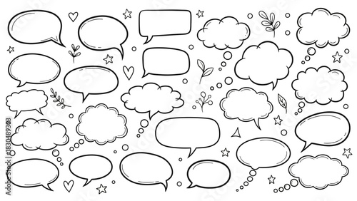 Hand drawn speech bubbles and thought bubbles collection with doodle elements