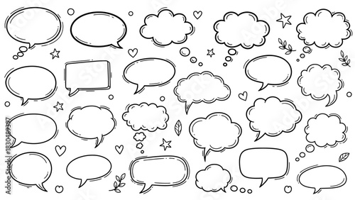 Hand drawn speech bubbles and thought clouds in various shapes on white
