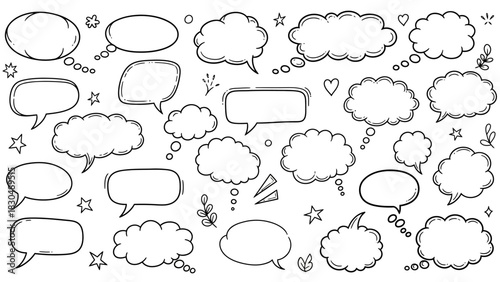 Hand drawn speech bubbles and thought balloons collection on white background