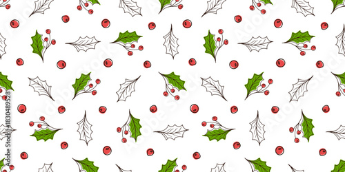 Seamless Christmas pattern with hand-drawn holly leaves and red berries in doodle style. Holiday background for gift wrapping, fabric, and greeting cards. Evergreen winter plant, seasonal decor.