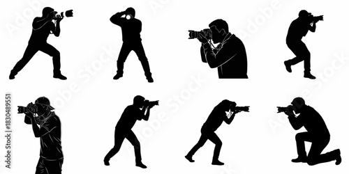 Set of eight black silhouettes depicting photographers or cameramen in various dynamic poses capturing moments with professional DSLR cameras, isolated on white.