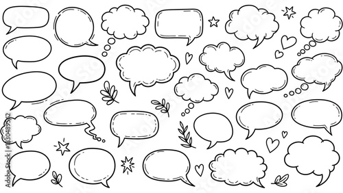 Hand drawn speech bubbles and thought bubbles doodle collection isolated on white