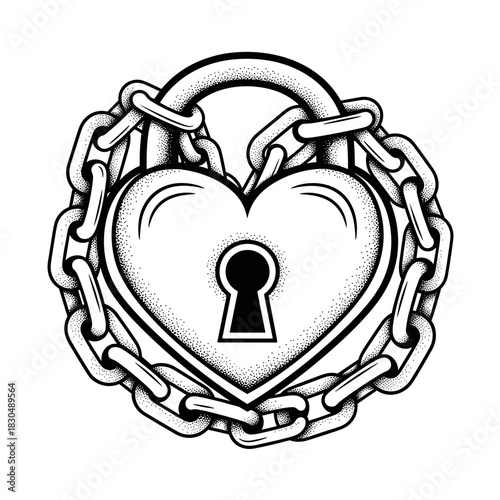 Heart shaped padlock secured with heavy chains symbolizing love and security.