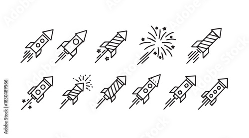 Fototapeta Naklejka Na Ścianę i Meble -  Collection of hand drawn rocket ship and firework silhouettes for celebration and space exploration