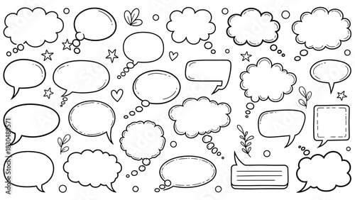 Hand drawn speech bubbles and thought bubbles collection in black and white