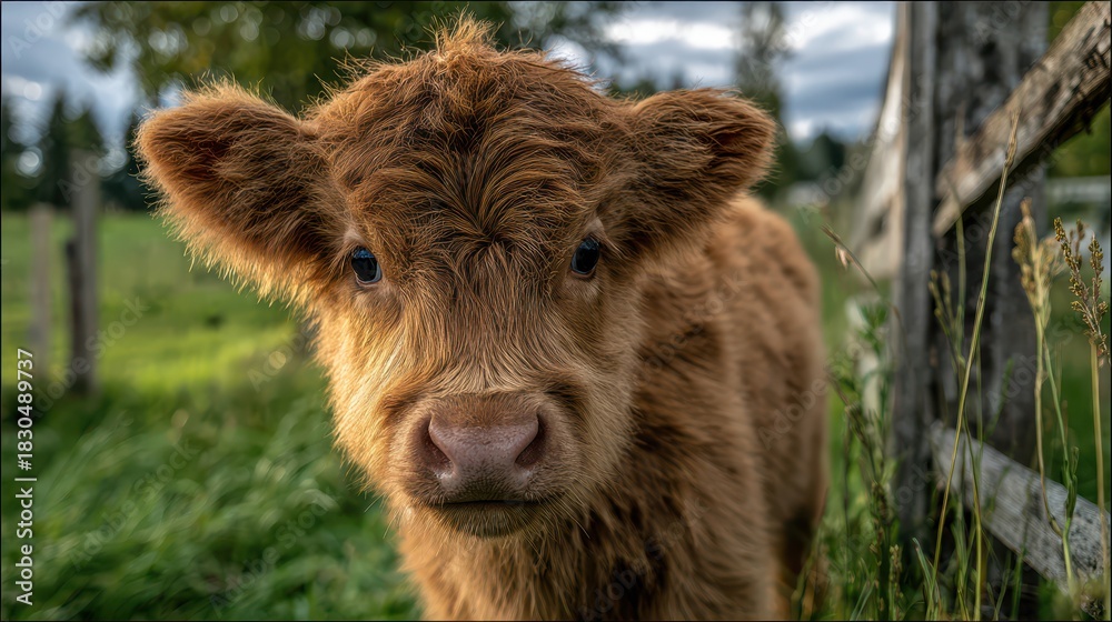 Fototapeta premium Close-up portrait of a Highland calf in a sunlit pasture