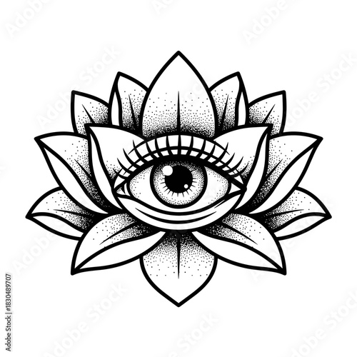 Mystical Eye Within a Blooming Lotus Flower Tattoo Design.