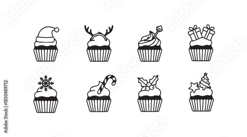 Collection of eight festive christmas cupcake illustrations in silhouette