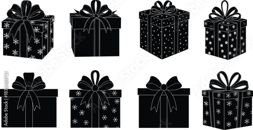 Gift box silhouettes, festive ribbon icons, holiday packaging vector, black graphic design, Christmas clipart, decorative wrap, seasonal ornament illustration