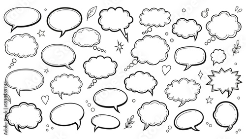 Collection of hand drawn speech bubbles and thought bubbles in various shapes and sizes