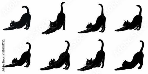 Vector silhouettes of eight black cats stretching, isolated on a white background, representing feline yoga and relaxation.