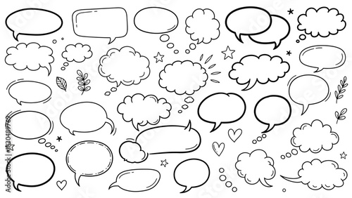 Hand drawn speech bubbles and thought clouds doodle style vector illustration