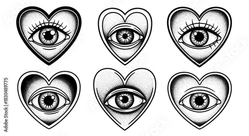 Set of six heart-shaped eyes in a traditional tattoo style.