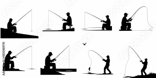Fisherman silhouettes set: various poses of men fishing, casting rods, waiting patiently, and reeling in the catch.