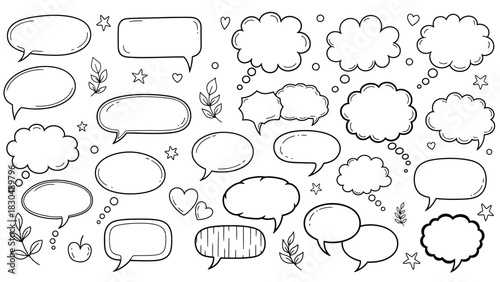 Hand drawn speech bubbles and thought bubbles with doodle style elements