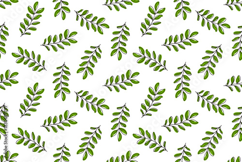 Seamless pattern of green leaves, drawn style. Botanical background of delicate green twigs, spring design for decorating wallpaper, fabrics, clothes. Fresh print of juicy greenery. Elegant pattern.